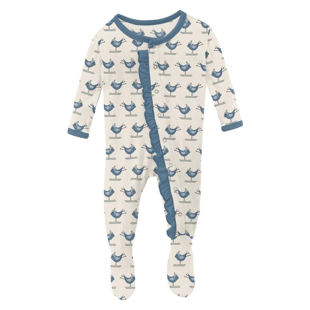 NEW KICKEE kids' ruffle footie with snaps in natural ski birds